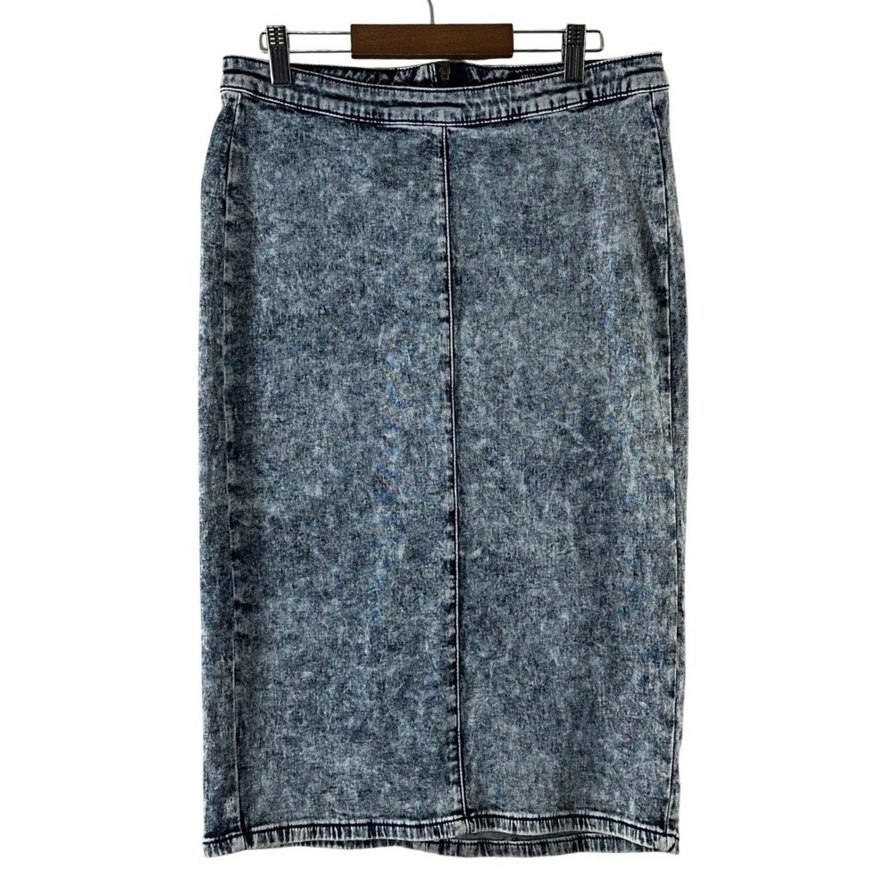 Iris Jeans Womens Blak Gray Acid Wash Denim Pencil Skirt Back Zip Midi Size L
